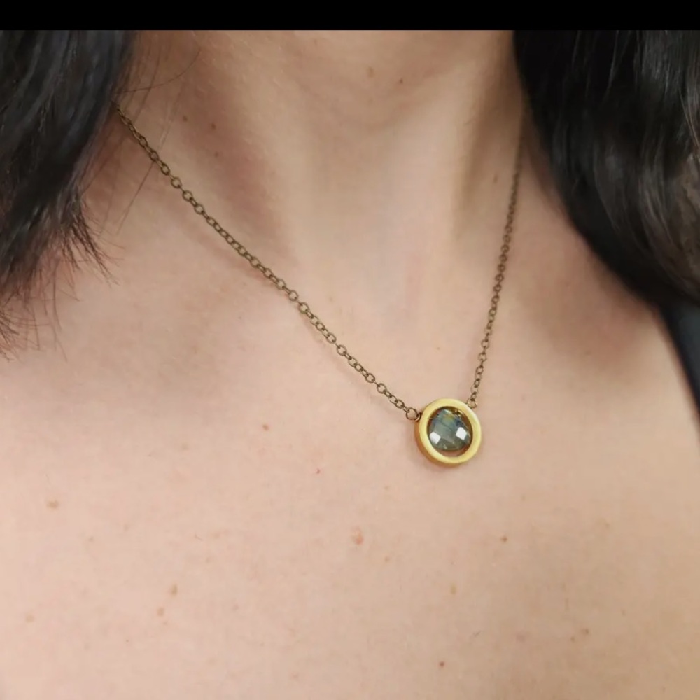 Handmade Genuine Labradorite Circle Bezel Pendant – Brass Necklace 18–20” USA